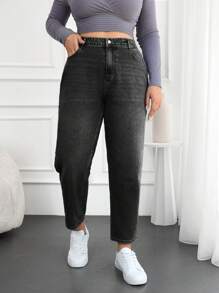 EURMUSE Plus Size  Washed Mom Jeans For Women - Dark Grey - View 4