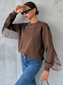 RueChic Cotton Women's Solid Color Fringed Edges Drop Shoulder Sweatshirt - Brown - View 3