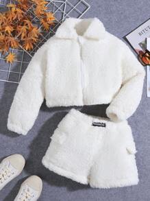 SHEIN 少女毛絨長袖上衣和短褲套裝,休閒時尚,適合春秋冬日常穿著 - 白色 - 查看 1