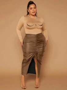 SHEIN SXY 大尺碼女士褶皺高開叉裙 - 棕色 - 查看 7