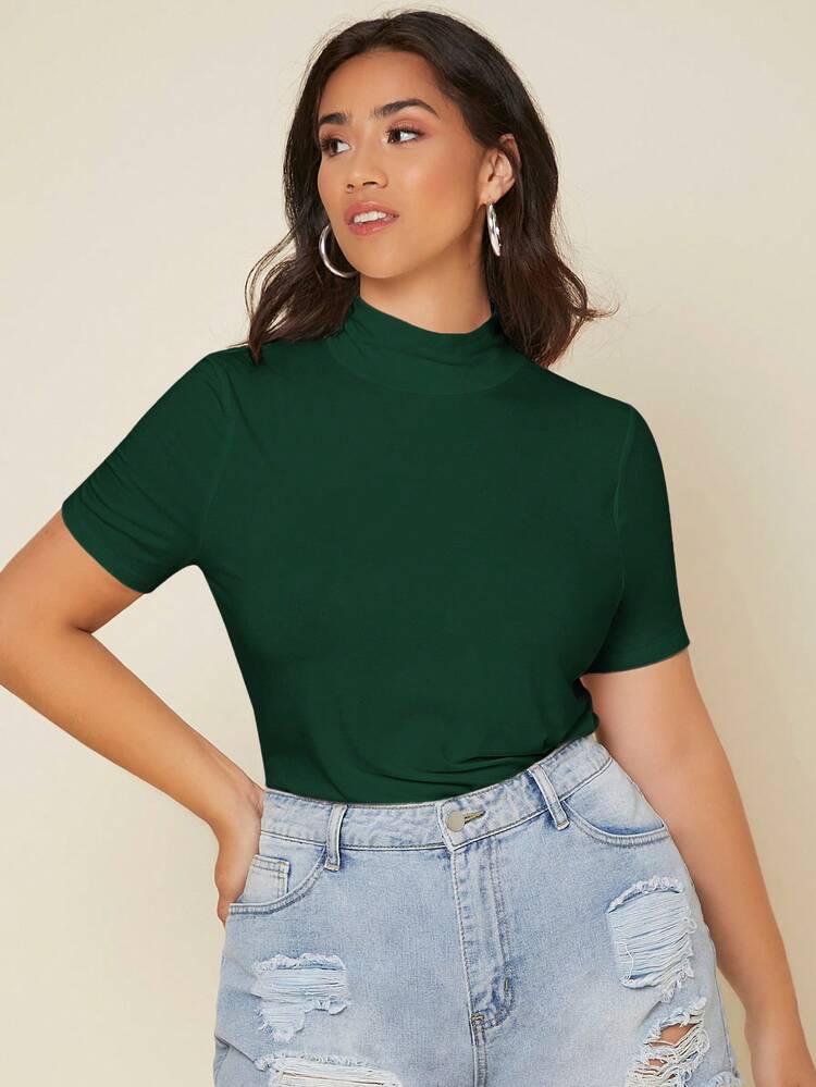 SHEIN BASICS 加大碼女士立領短袖t恤 - 墨綠色 - 查看 5