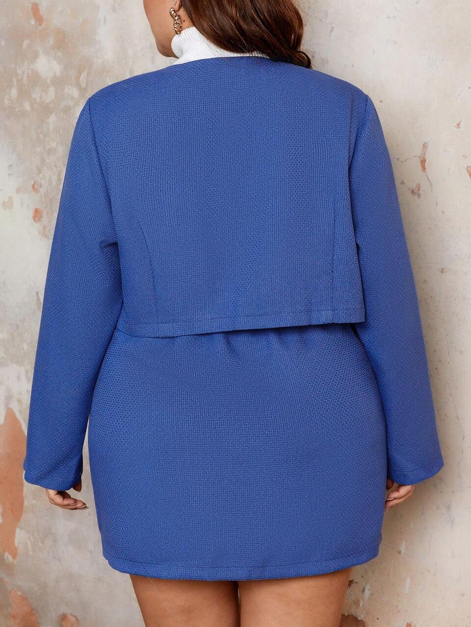 Plus Size Solid Color Coat And Skirt Two-Piece Set