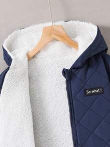 男童字母贴布泰迪熊内衬袋鼠口袋连帽夹棉大衣 - 藍色 - 查看 4