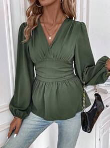 SHEIN LUNE Women's Lantern Sleeve Shirt With Ruffled Hemline - Army Green - View 1