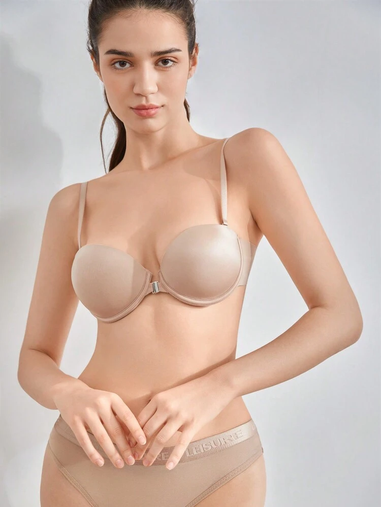 Women's Casual-Comfy Knitted Fabric Push Up Bra With Backless Design And High Stretch In Apricot Plain