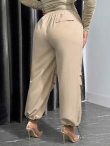 SHEIN SXY 女士加大號純色拉繩腰帶和錐形腳運動長褲 - 卡其色 - 查看 2