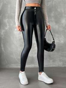 EURMUSE Leather Look Skinny Jeans - Black - View 6