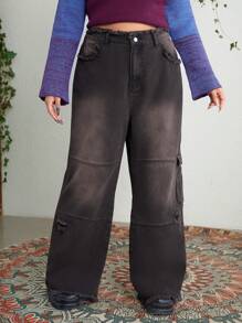 ROMWE PUNK Kích thước lớn Của phụ nữ Cargo Phong cách Quần denim Với Túi - màu đen - Xem 6