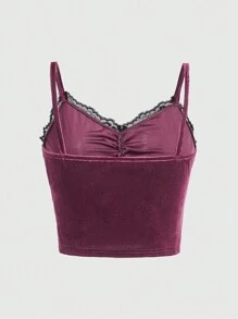 ROMWE Goth 前面有褶襉的綁帶湖水綠色絨面上衣,蕾絲拼接 - 中紫紅色 - 查看 2