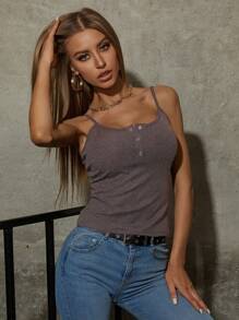 SHEIN LUNE Sọc Một phần Nút Thiết kế Áo ba lỗ Áo - Cà phê nâu - Xem 5