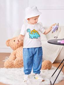 SHEIN 男嬰休閒可愛恐龍圖案立領夾克短袖 T 恤和牛仔褲套裝,夏季 - 彩色 - 查看 6
