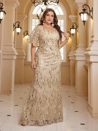 SHEIN Belle Plus size paljett lapptäcke volang ärm kvällsfestklänning Elegant formell balklänning bröllopsgäst, för examen, middag