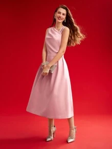 MOTF PREMIUM 编织女式不对称颈链细节褶皱连衣裙，情人节装 - 粉色 - 查看 4