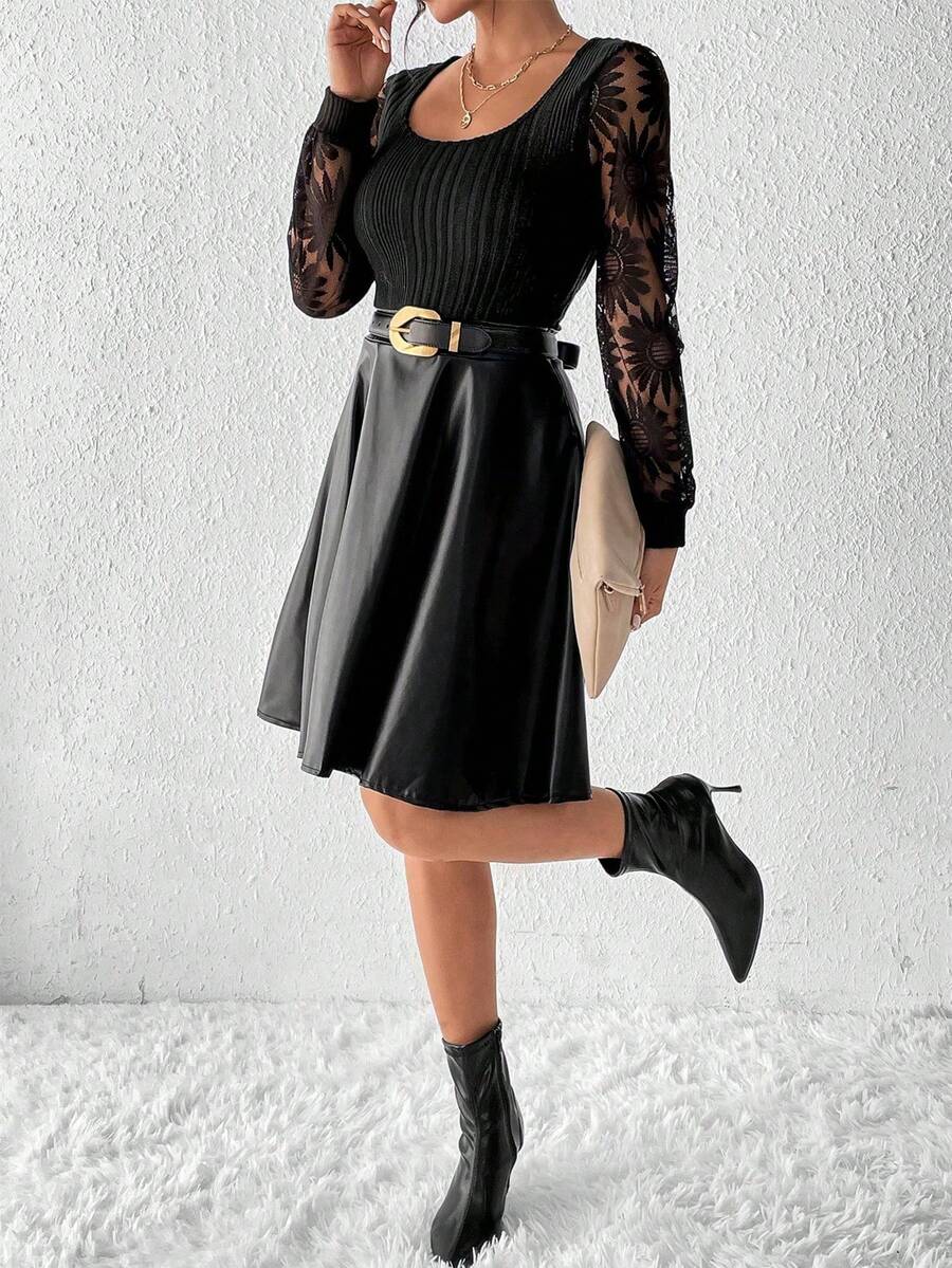 Chiquease Lace Patchwork Dress - Black - View 1