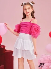 Tween Girls編織純色露肩上衣配編織純色寬鬆裙2件套裝 - 玫紅色 - 查看 4