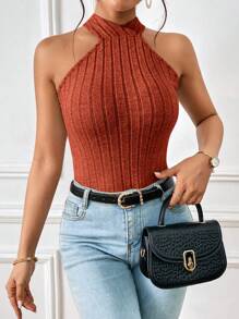 SHEIN Essnce 女士鏈扣無背心領上衣 - 紅木色 - 查看 2