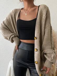 EURMUSE Cable Knit Drop Shoulder Cardigan - Mocha Brown - View 5