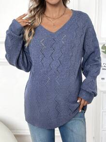 SHEIN Maternity V-Neck Drop Shoulders Sweater, For Winter - Dusty Blue - View 5