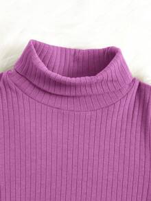 SHEIN Tween 女童罗纹针织毛绒立领长袖 T 恤和裤子两件套 - 紫丁香色 - 查看 4