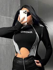 SHEIN ICON 大尺碼不規則長袖t恤,印有字母圖案 - 黑色 - 查看 5