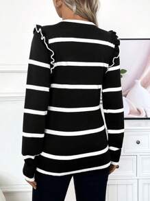 SHEIN Maternity Striped Round Neck Long Sleeve Patchwork Ruffle Hem Sweater, Autumn/Winter - Black - View 2