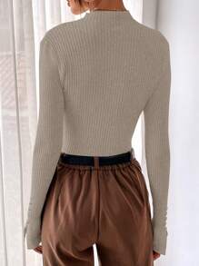 BizChic Mock Neck Ribbed Knit Split Cuff Sweater,Long Sleeve Tops In Fall/Winter - Camel - View 2