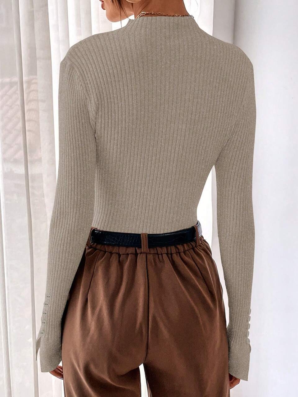 Mock Neck Ribbed Knit Split Cuff Sweater,Long Sleeve Tops In Fall/Winter