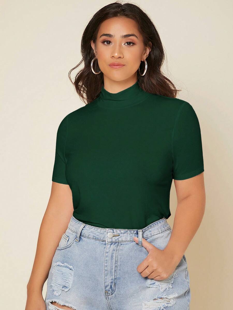 SHEIN BASICS Kích thước lớn Của phụ nữ Đứng cổ áo Ngắn tay Áo thun - Màu xanh lá cây đậm - Xem 1