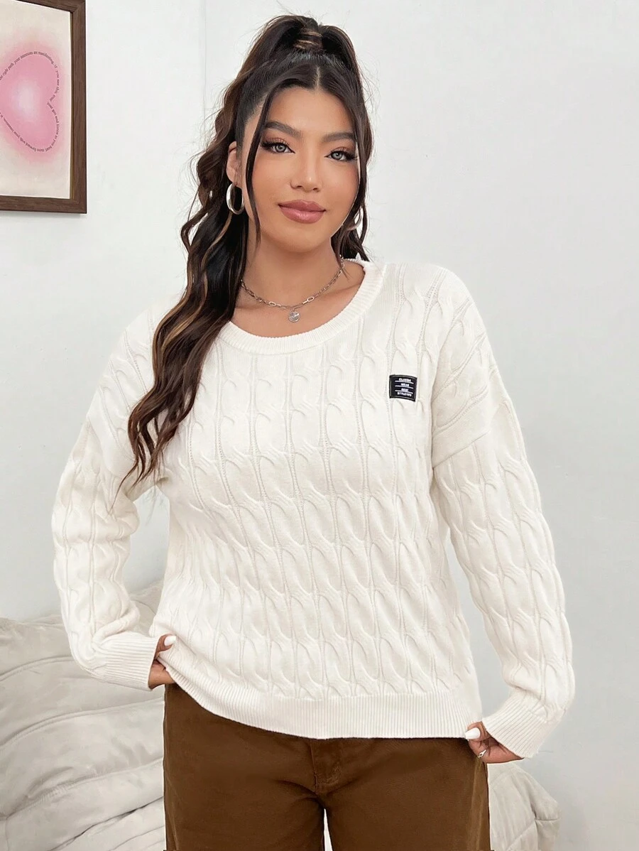 SHEIN Unity Plus Size Women'S Cable Knit Sweater With Drop Shoulders - Beige - View 1