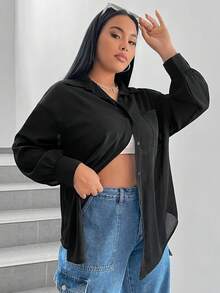 SHEIN EZwear Black Woven Loose Casual Women's Shirt - Black - View 3