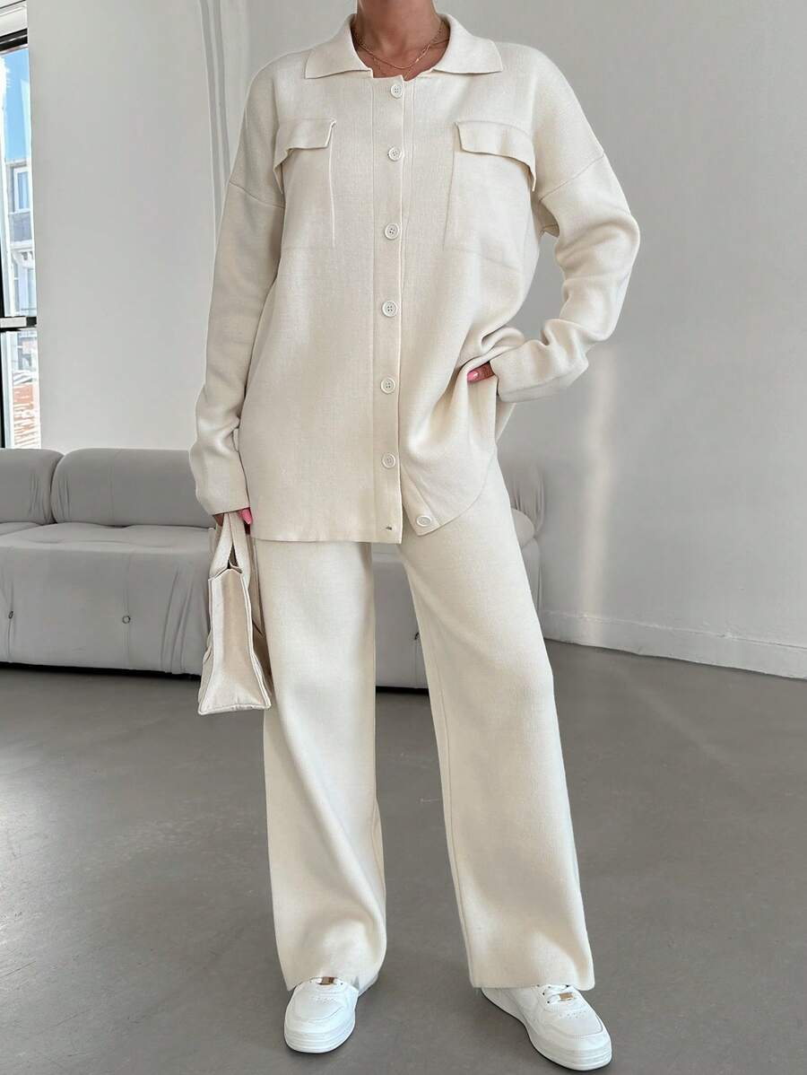 Ladies' Pure Color Two Piece Set Including Top And Pants/sweater Saying 'you Look Good' - Apricot - View 1