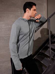 Manfinity Boxing Boyfriend Style Men's Solid Color Zipper Hooded Sports Jacket Workout Tops Grey Jacket Sports Jacket - Grey - View 5