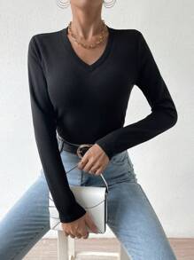 SHEIN Essnce V領長袖保暖內裡t恤 - 黑色 - 查看 4