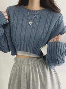 DAZY 女士蓝色圆领短款针织毛衣，七分袖上衣，秋季服装短款女上衣 - 霧霾藍 - 查看 3