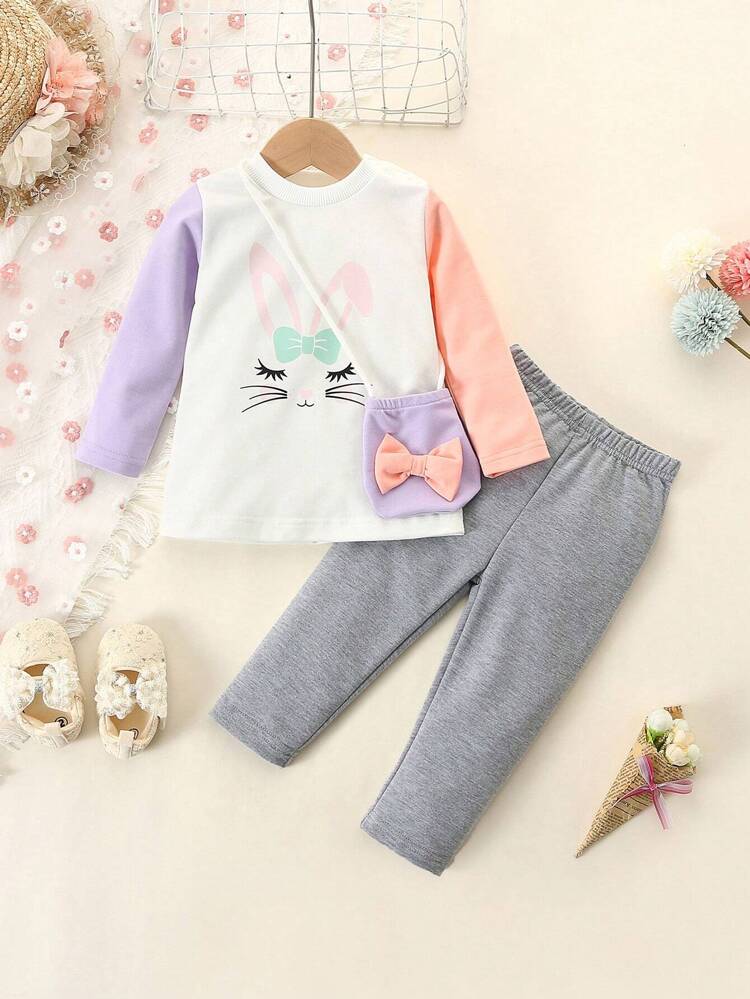 Baby Girl And Child Patchwork Printed Long Top And Pants Suit With Bag