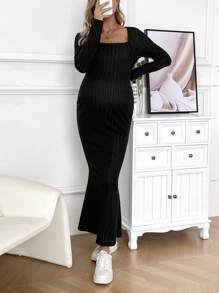 SHEIN 孕婦方領魚尾下擺長袖連身裙 - 黑色 - 查看 5