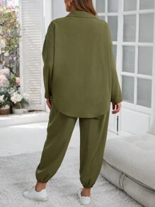 SHEIN LUNE 大码女式纯色衬衫和裤子两件套 - 軍綠色 - 查看 2
