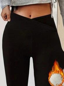 Plus Size Solid Color Thickened Thermal Leggings - Black - View 1