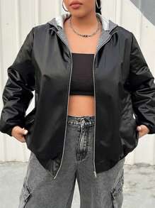 SHEIN EZwear Women's Plus Size Hooded Zipper Up Warm Jacket - Multicolor - View 6