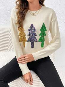 SHEIN LUNE 女款三色閃光聖誕樹設計圓領毛衣 - 杏色 - 查看 3