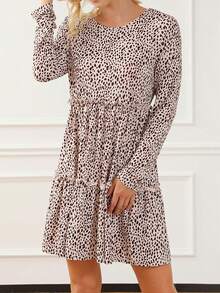 Vestido Largo De Manga Larga Con Cintura Plisada Y Estampado De Leopardo Con Volantes - Blanco - Ver 3