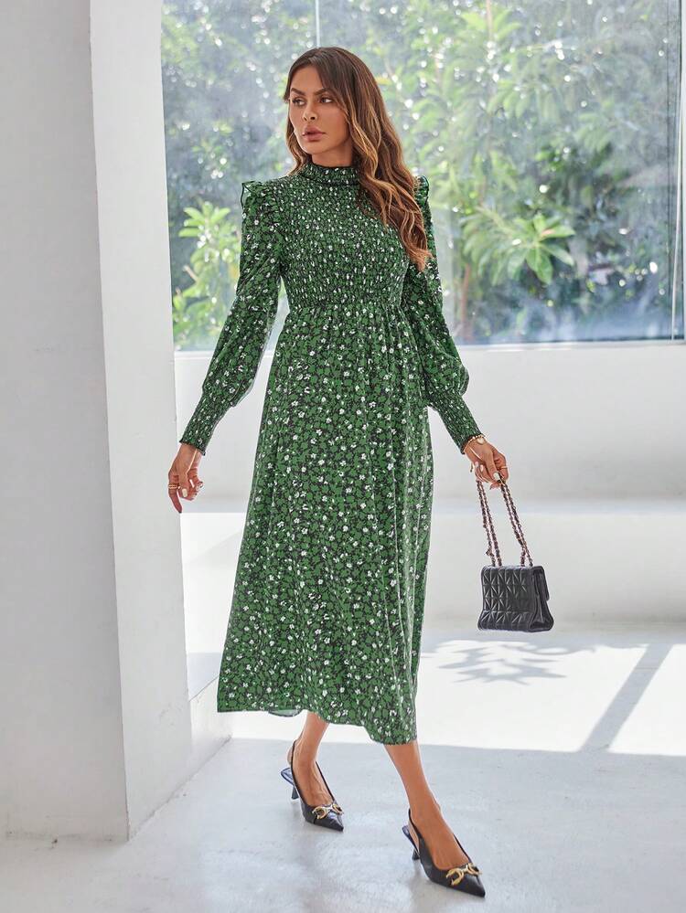 SHEIN Frenchy Quý cô Màu xanh lá Đứng cổ áo In ngẫu nhiên Tay áo dài Đầm - Nhiều màu - Xem 6