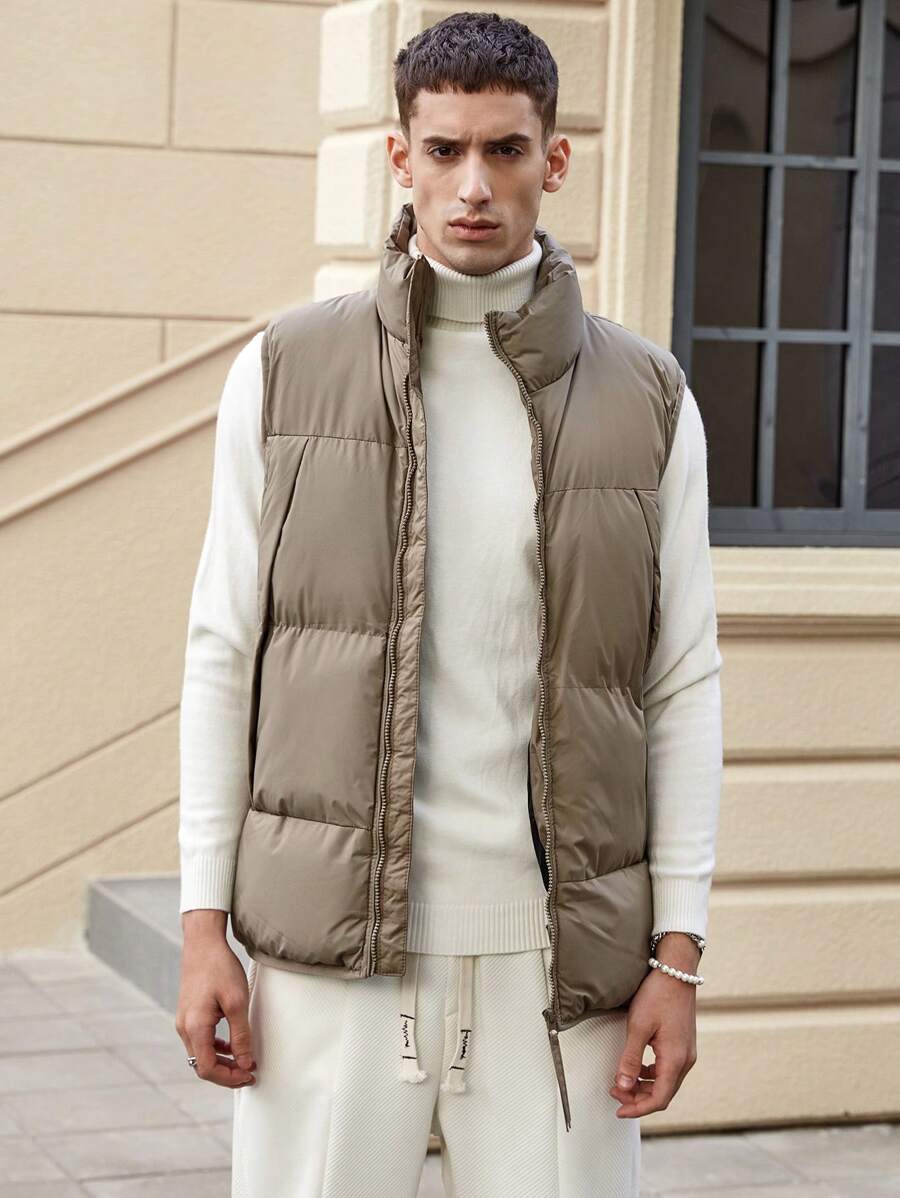 Nam Chi tiết Patched thư Dây kéo Áo gi lê Lông vũ - Màu Khaki - Xem 1