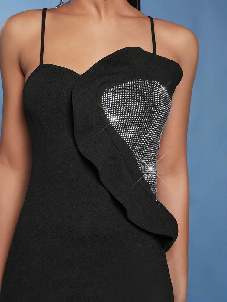 Elegant Rhinestone Decor Ruffle Trim Fitted Camisole Mini Dress