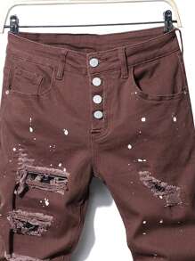 Manfinity Roughcore Men's Frayed Distressed Ripped Jeans With Ink-splatter Print And Button Fly Closure - Coffee Brown - View 3