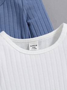 SHEIN 嬰兒男童休閒純色長袖連身衣2入組 - 藍白色 - 查看 3