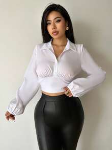 SHEIN Essnce 純色襯衫lantern袖設計 - 白色 - 查看 3