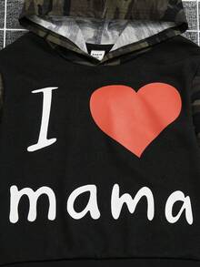 SHEIN 男童可愛舒適英式印花拼色迷彩連帽衫與運動褲套裝 - 黑色 - 查看 3