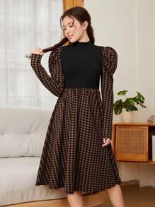 SHEIN Thiếu niên Cô gái Dệt kim Vá lại Đồ họa Houndstooth Đứng cổ áo Chân Của Tay áo Đầm giản dị - màu nâu - Xem 3