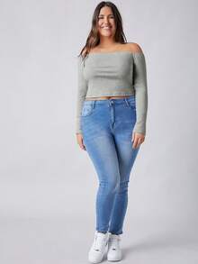 SHEIN BASICS 女款純色露肩長袖 T 卹 - 灰色 - 查看 5